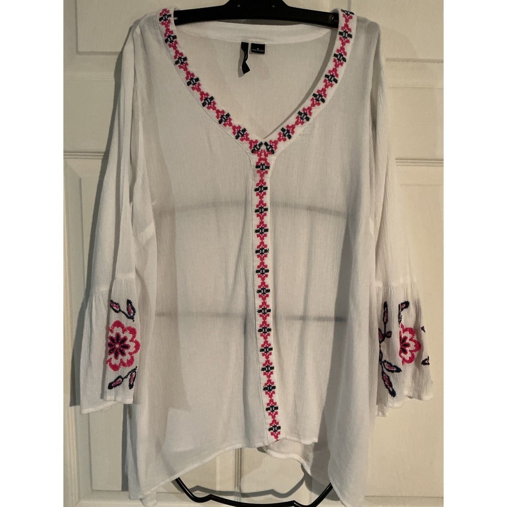 New Directions White Embroidered Gauze Tunic Top Womens Medium Pink Navy Boho